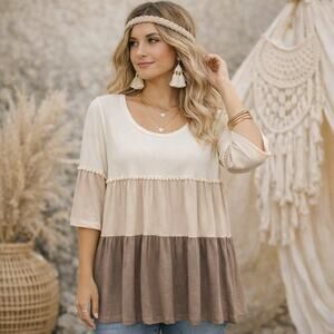 Celeste Boho Nuetral Color Tunic Blouse With Embroidery Size M